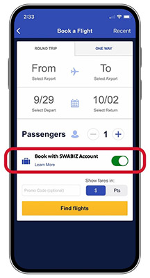 Southwest Airlines Rapid Rewards Business mobile booking screenshot