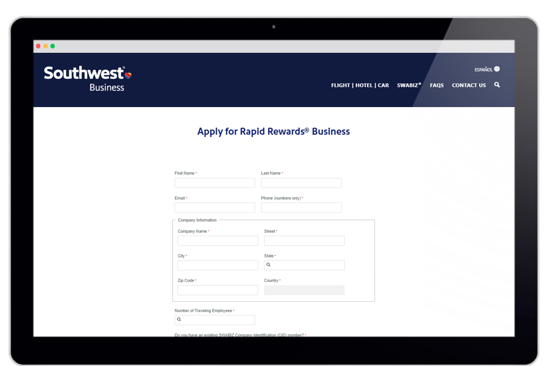 Southwest Airlines Rapid Rewards Business sign-up screenshot