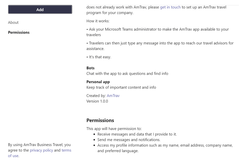 How do I add AmTrav chat to my Microsoft Teams account?